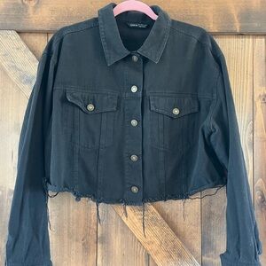 SHEIN Dark Jean Jacket with Frayed Hem